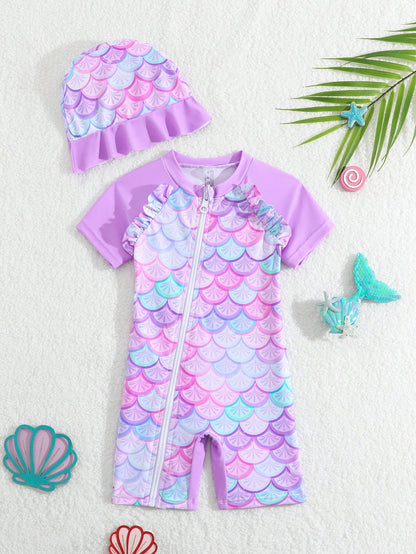 Traje de baño lila para bebé con estampado de sirena