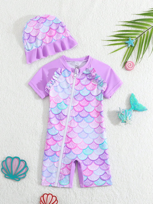 Traje de baño lila para bebé con estampado de sirena