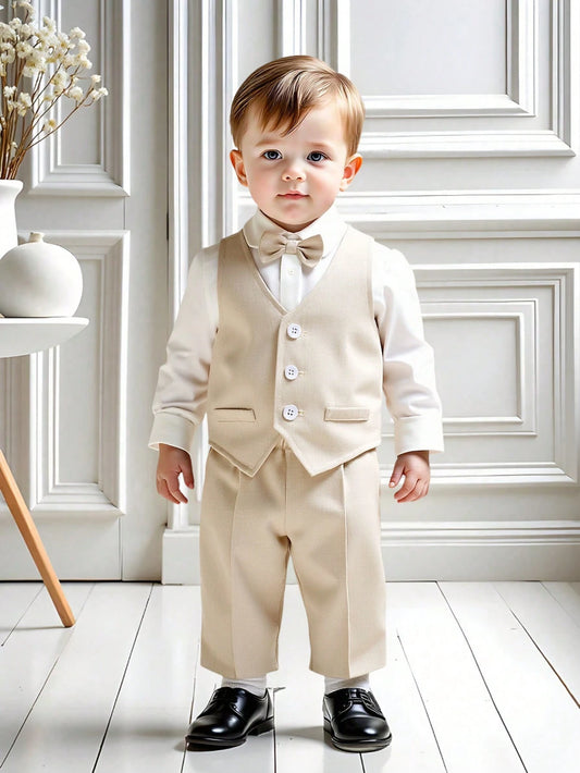 Conjunto elegante beige para bebé de 3 piezas con moño, vista frontal