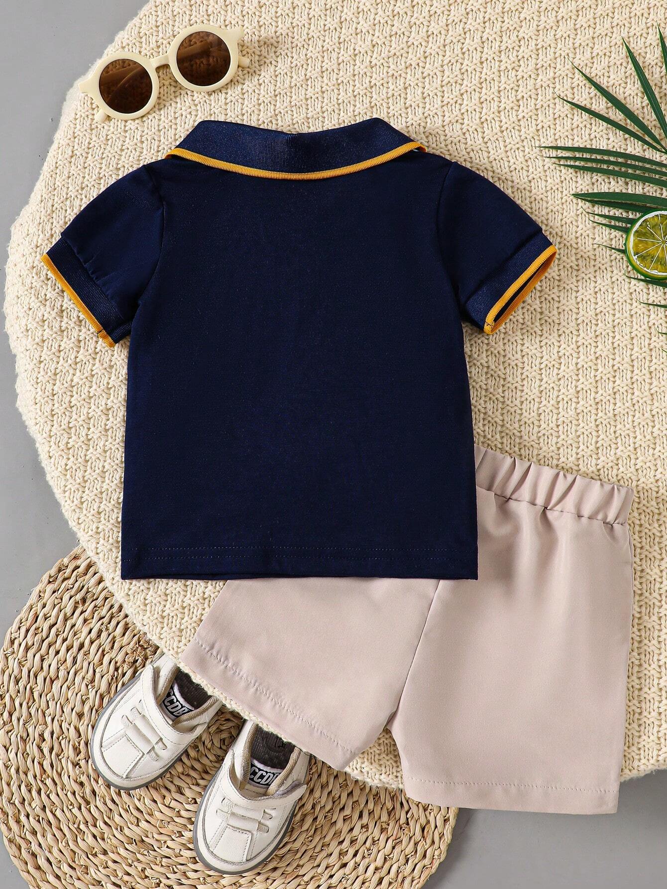 Set azul real con polo color block y short beige