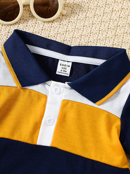 Set azul real con polo color block y short beige