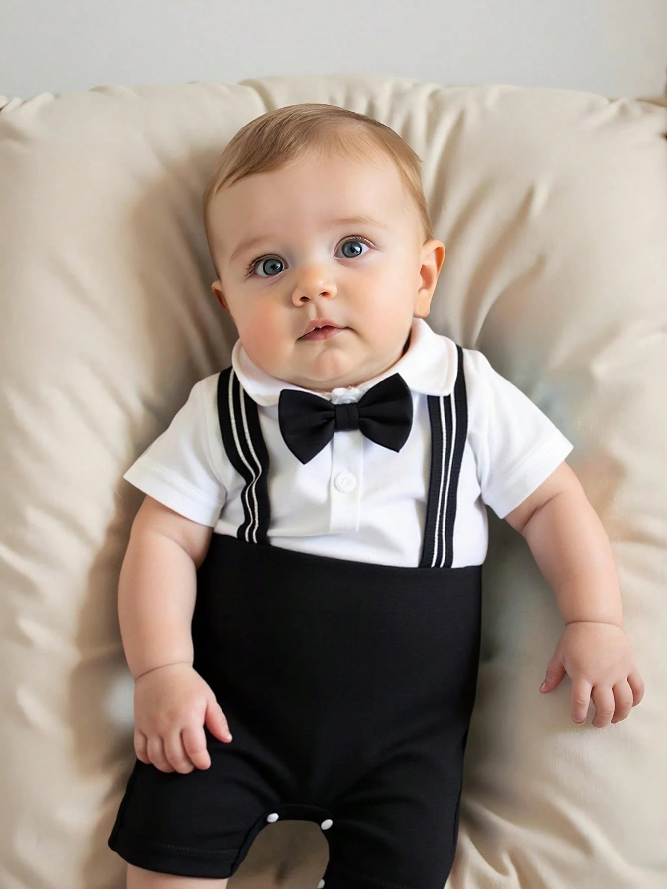 Pelele blanco negro moño elegante minimalista