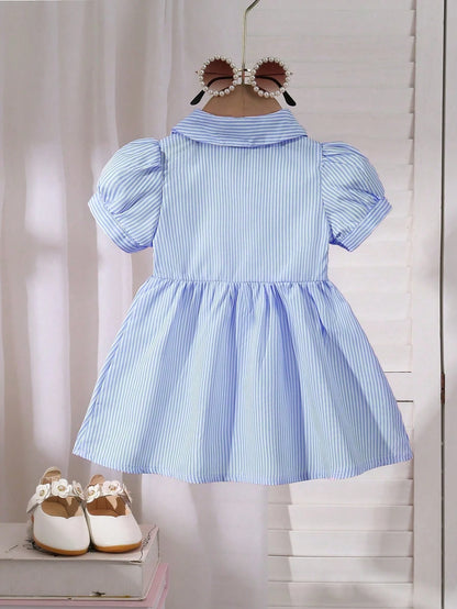 Vestido azul rayado con bordado y cuello redondo