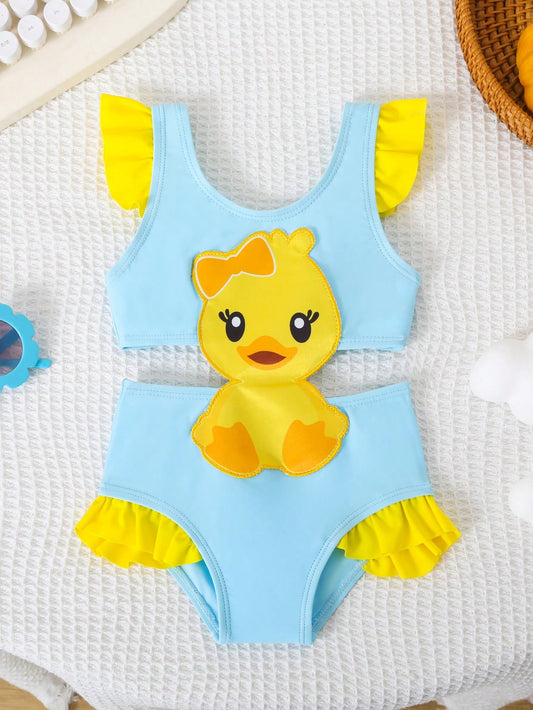 Prenda azul traje de baño para bebe con pato y volantes vista frontal