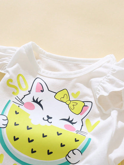 Conjunto amarillo dulce con estampado de gato