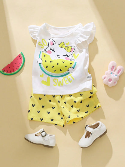 Conjunto amarillo dulce con estampado de gato