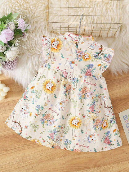 Vestido beige floral con conejitos y cuello tradicional
