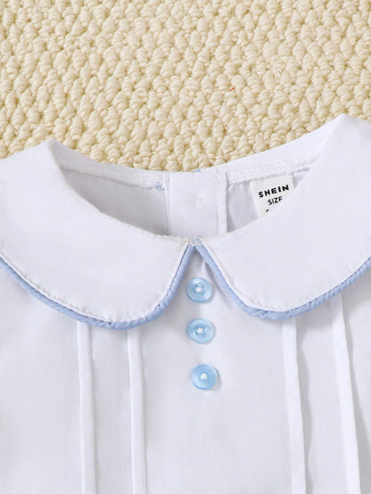 Conjunto blanco y celeste elegante con cuello peter pan