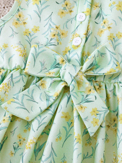 Prenda verde vestido floral para bebe detalle de lazo en cintura