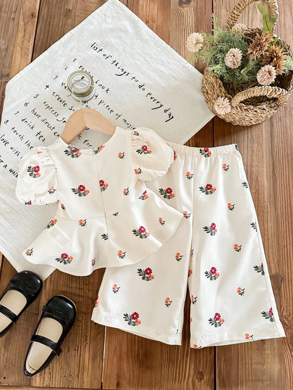 Conjunto beige floral manga farol