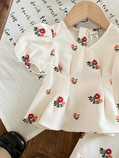 Conjunto beige floral manga farol