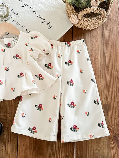 Conjunto beige floral manga farol