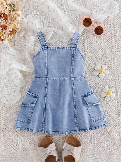 Vestido denim azul con tirantes y bolsillos laterales