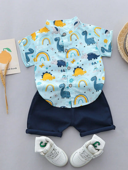 Prenda celeste conjunto para bebe con dinosaurios vista frontal