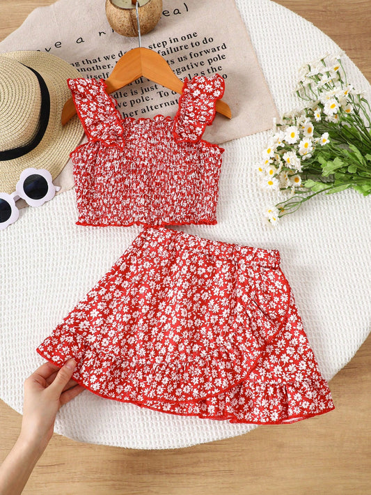 Conjunto rojo floral volantes verano