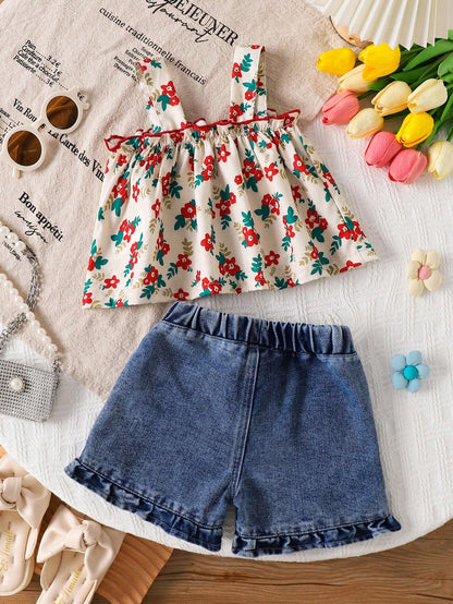 Prenda multicolor conjunto para bebe con top floral y short denim vista trasera
