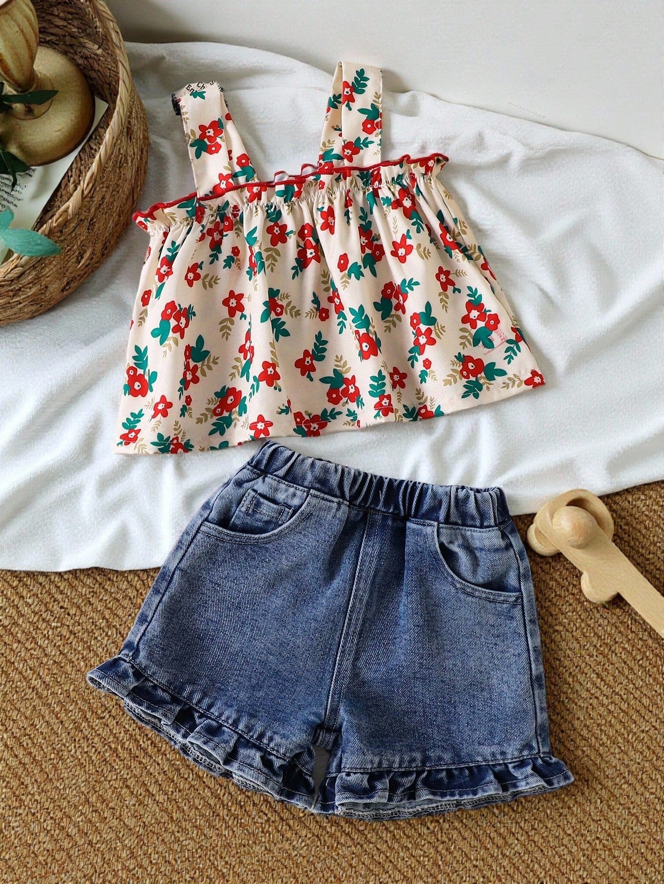 Prenda multicolor conjunto para bebe con top floral y short denim vista frontal
