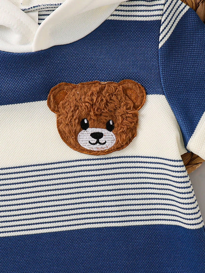 Pelele azul a rayas para bebe con detalle de oso en relieve