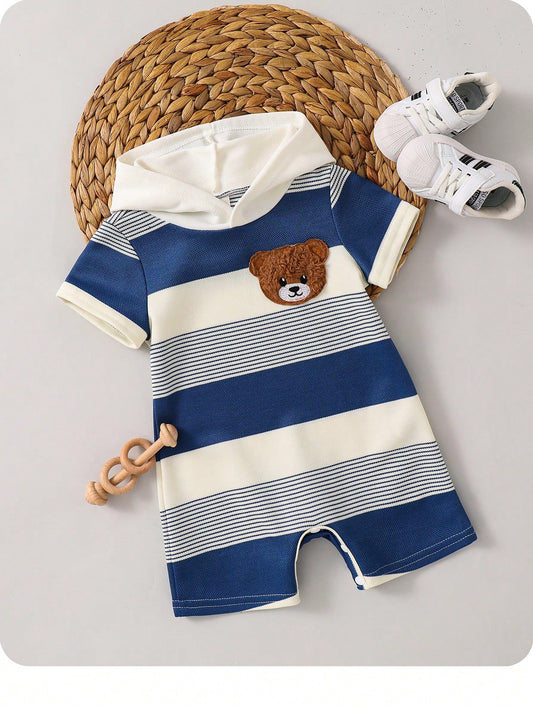 Pelele azul a rayas para bebe con oso y capucha vista frontal