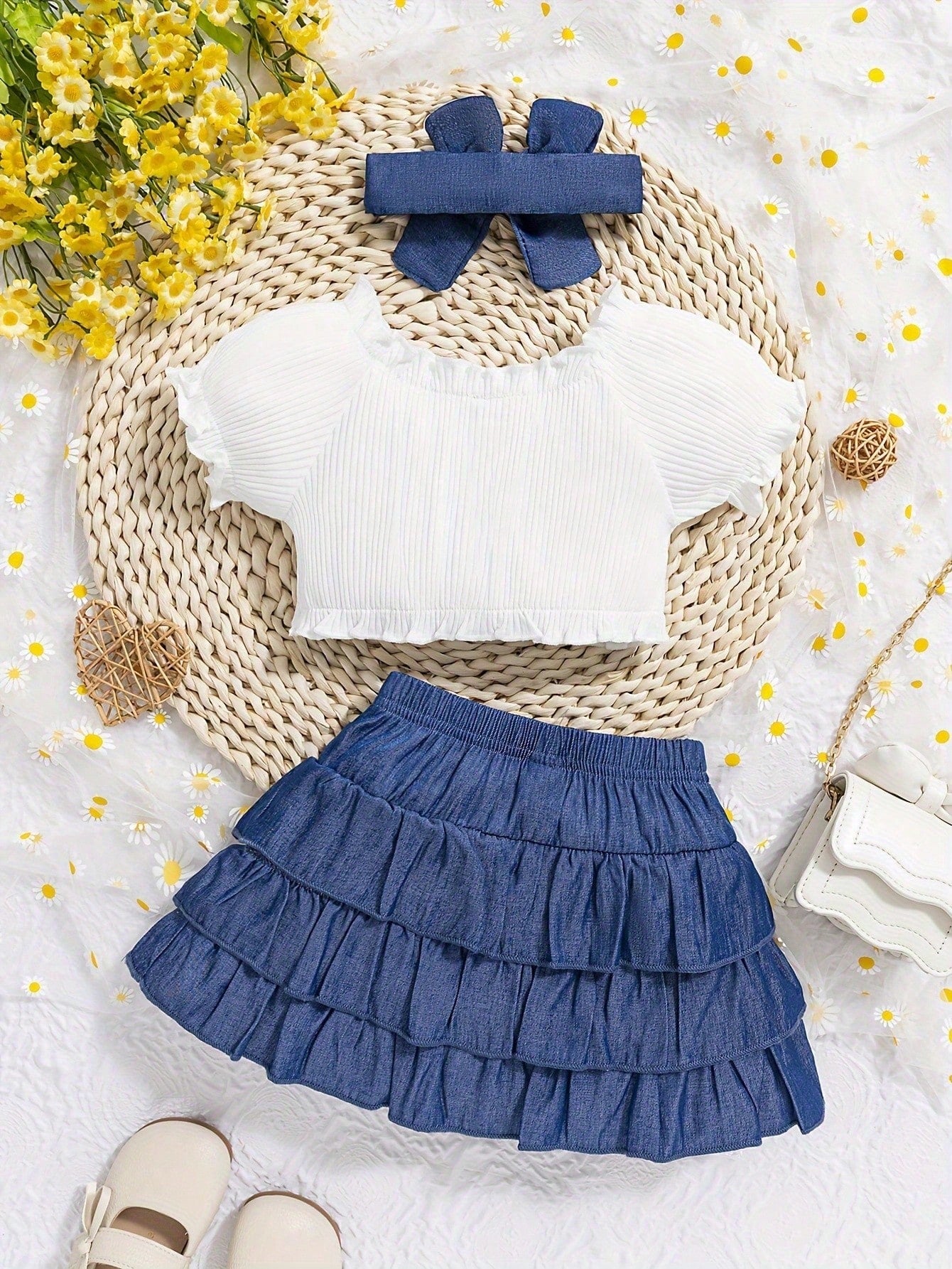 Conjunto azul y blanco con falda en capas