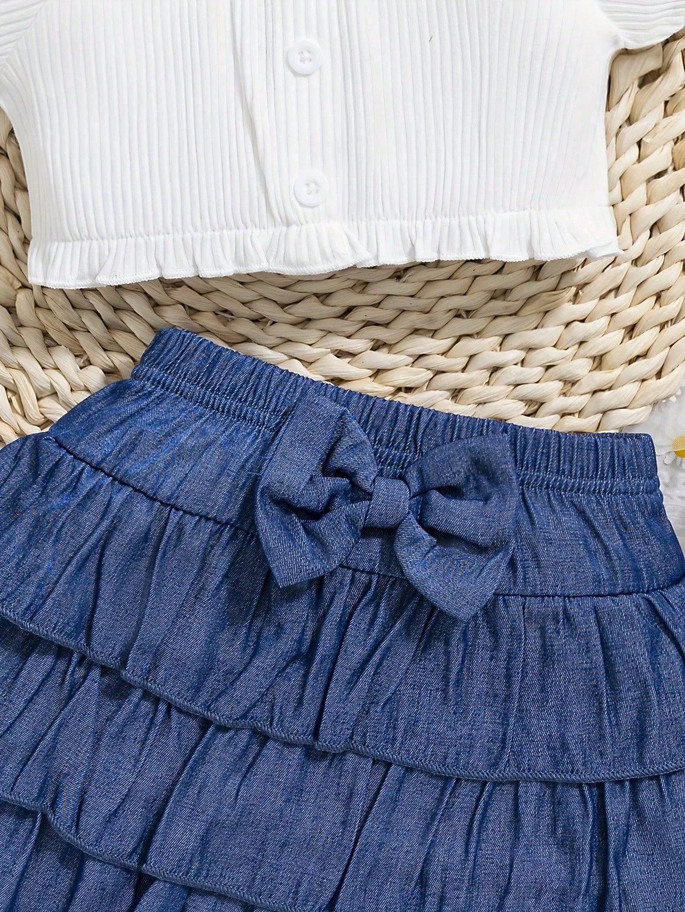 Conjunto azul y blanco con falda en capas