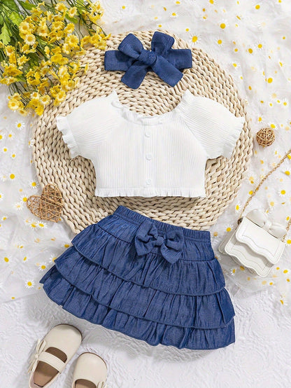 Conjunto azul y blanco con falda en capas