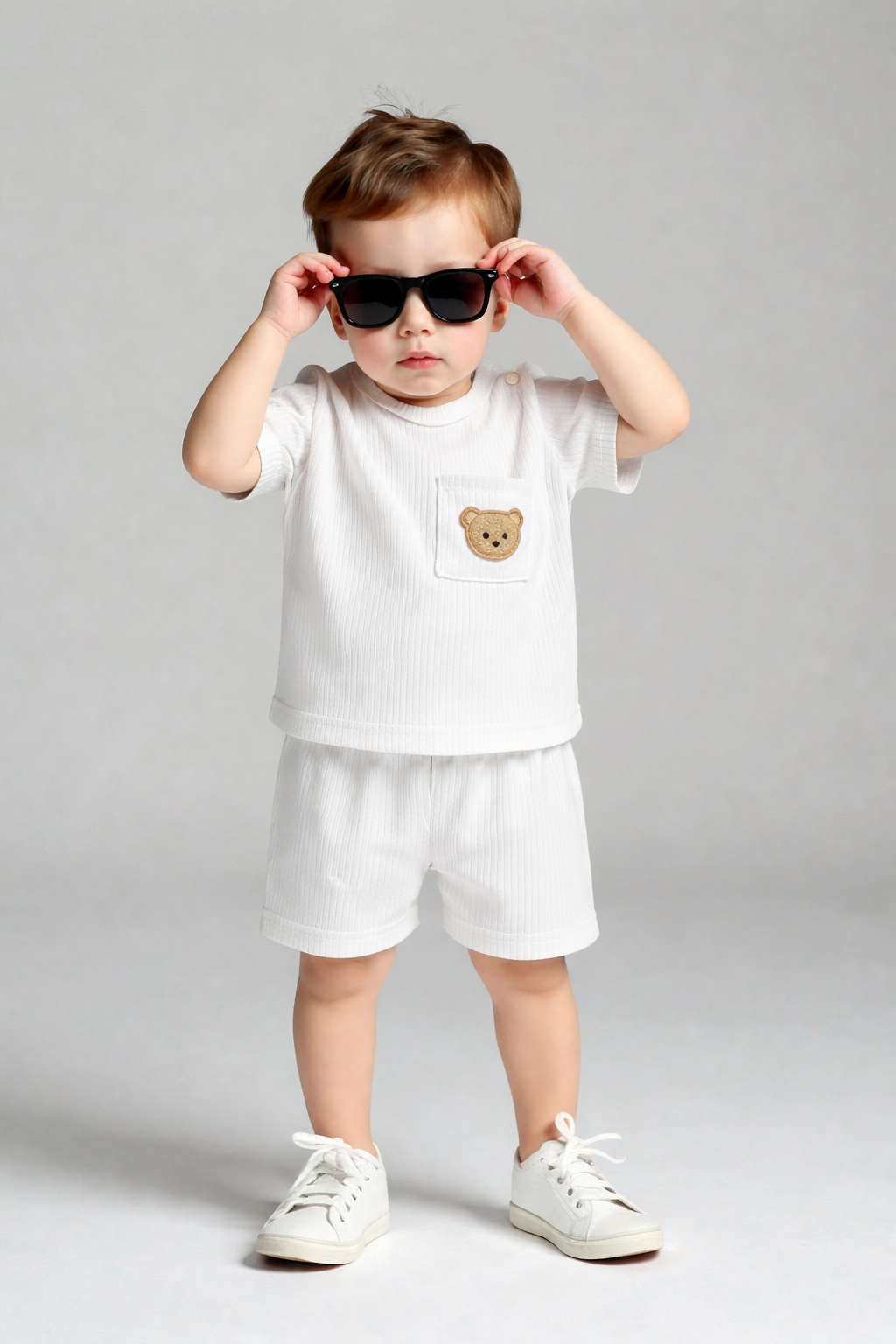 Conjunto blanco suave con bordado de oso