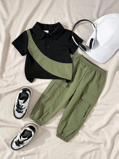 Prenda negra conjunto para bebe con pantalón cargo verde vista frontal
