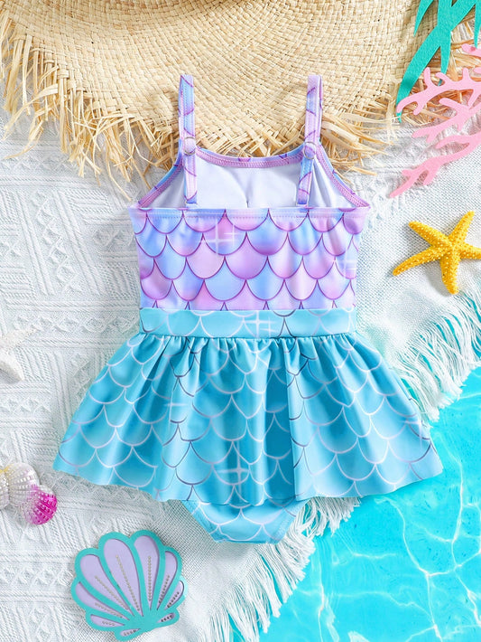 Prenda azul traje de baño sirena para bebe con falda y tirantes vista trasera