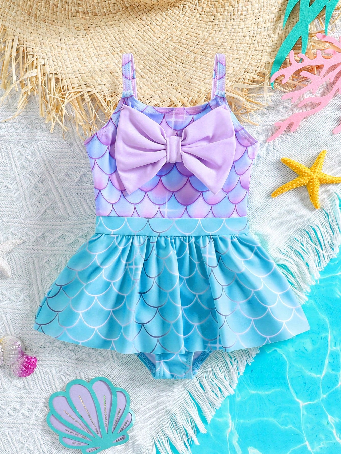 Prenda azul traje de baño sirena para bebe con lazo frontal vista frontal