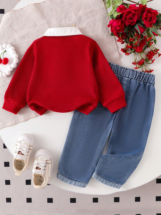 Conjunto rojo con jeans para bebe vista trasera de blusa y pantalón