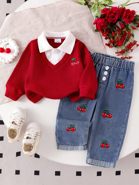 Conjunto rojo con jeans para bebe con cerezas bordadas vista frontal
