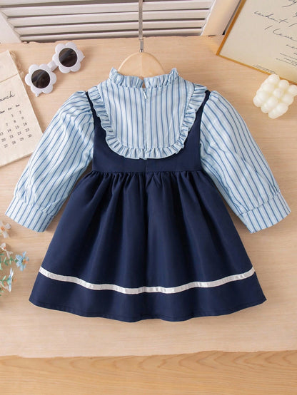 Vestido elegante azul rayas con moño