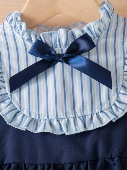 Vestido elegante azul rayas con moño