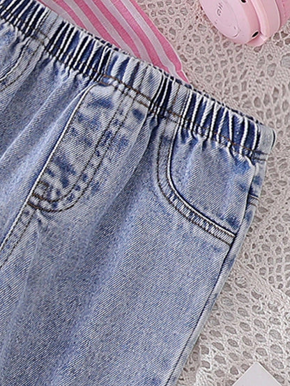 Prenda rosa conjunto para bebe con pantalon jean y lazos bordados detalle