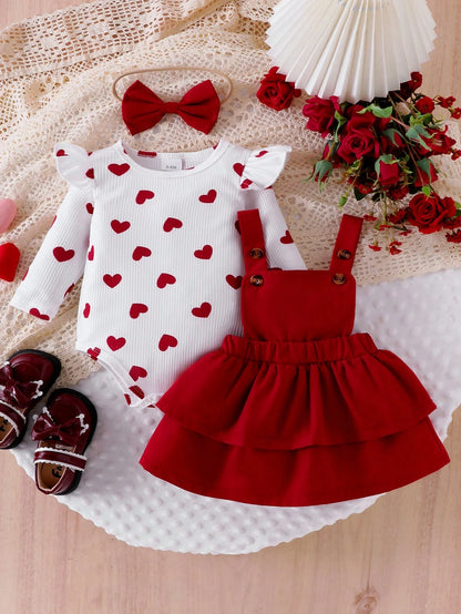 Prenda roja conjunto de corazones para bebe con falda y diadema vista frontal