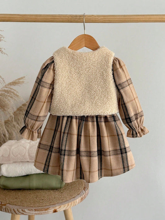 Prenda beige vestido para bebe con chaleco peluche y cuadros vista trasera
