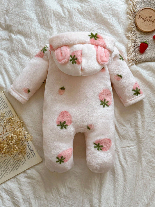Mameluco rosa de felpa para bebe con capucha de orejitas vista trasera

