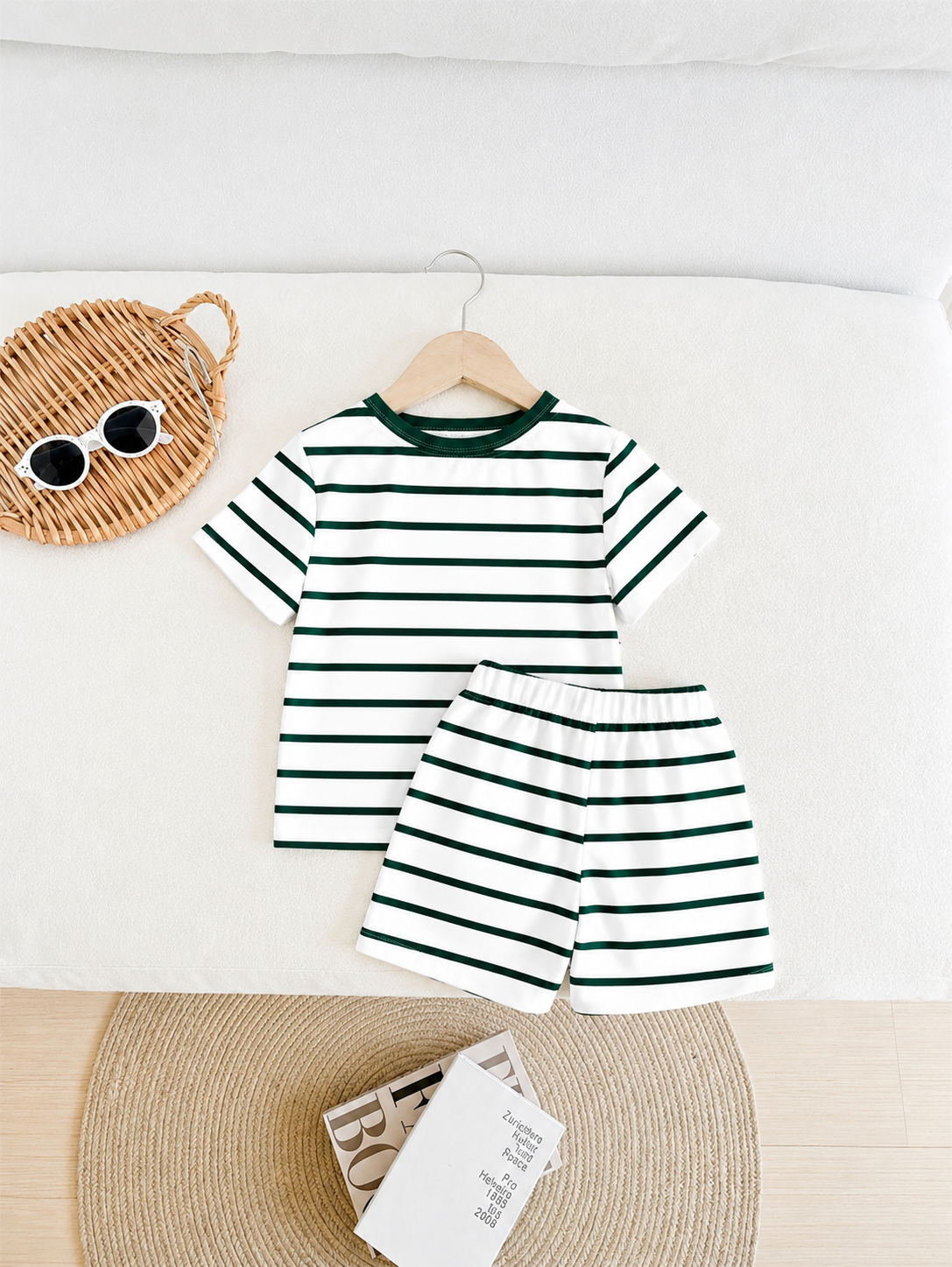 Prenda blanca pijama para bebe con rayas verdes vista trasera
