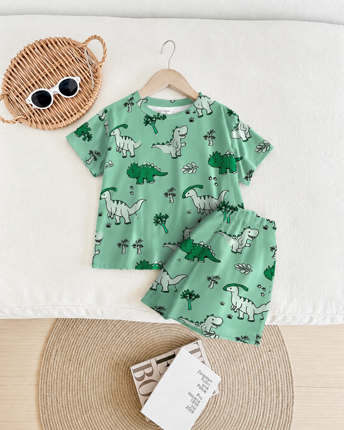 Prenda verde pijama para bebe con dinosaurio verde vista frontal
