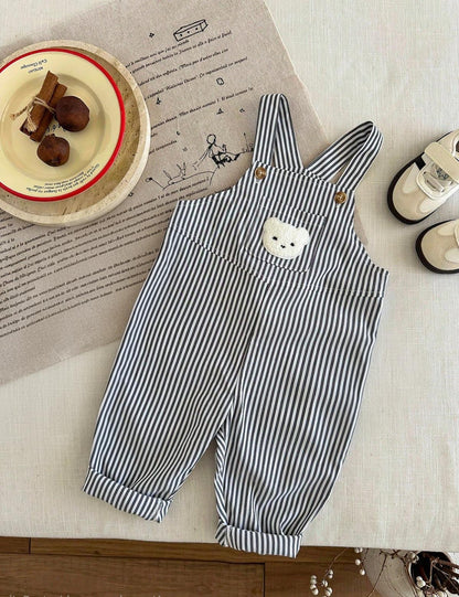 Overol Rayas Negro Con Oso Bordado Frontal