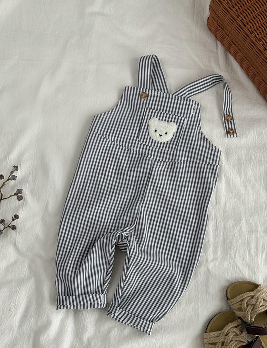 Overol Rayas Negro Con Oso Bordado Frontal