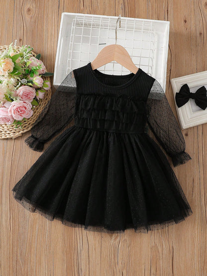 Vestido elegante negro tul manga larga