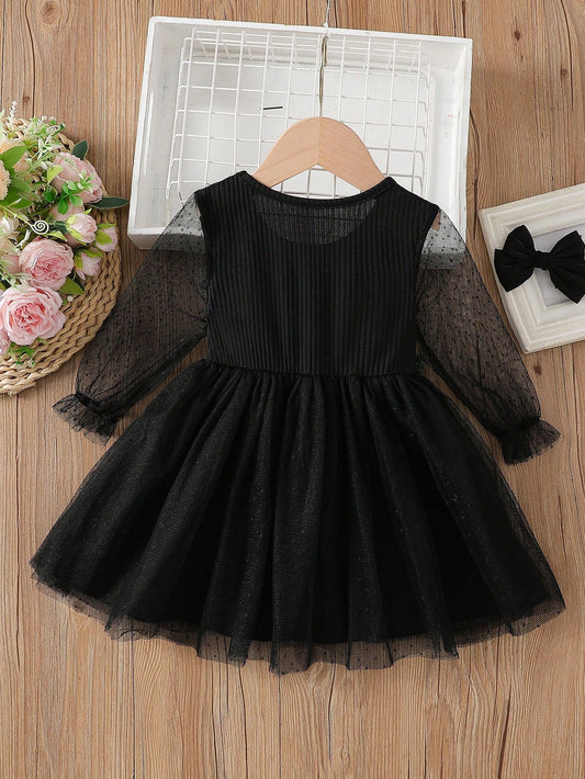 Vestido elegante negro tul manga larga