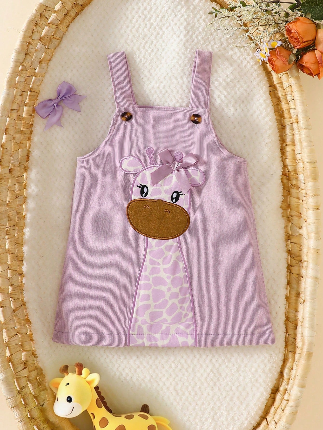 Prenda lila vestido para bebe con jirafa bordada y lazo vista frontal