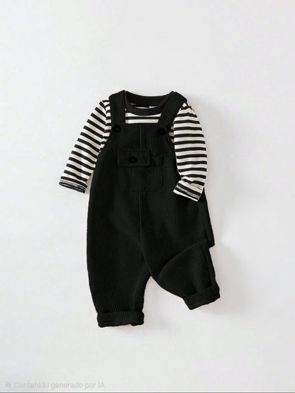 Conjunto Overol Negro Con Camiseta Rayas