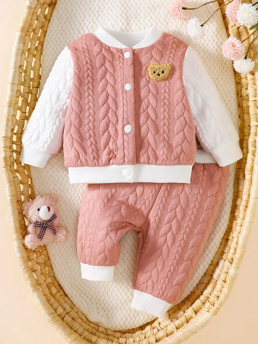 Conjunto acolchado rosa tejido botones delantero suave