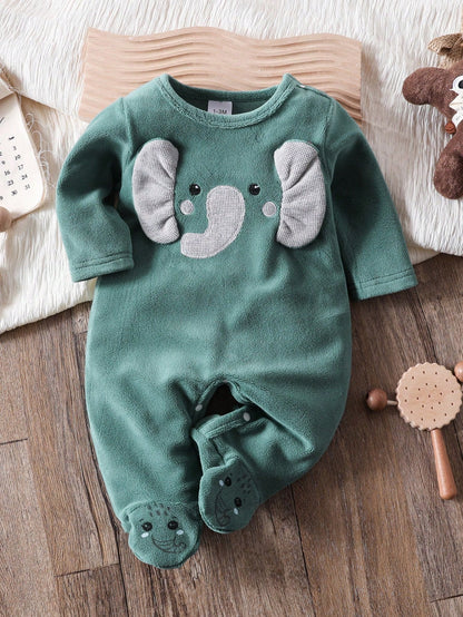Prenda verde mameluco para bebe con elefante bordado vista frontal