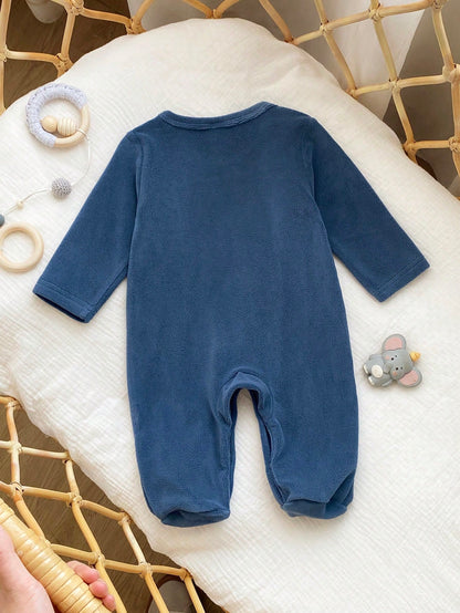 Prenda azul mameluco para bebe con elefante bordado vista trasera