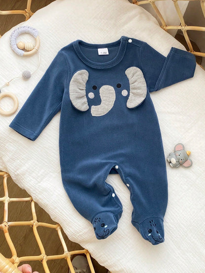 Prenda azul mameluco para bebe con elefante bordado vista frontal